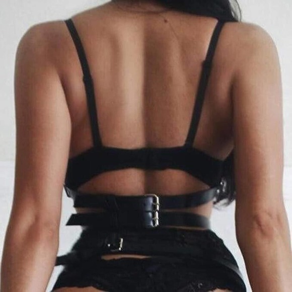 Punk or Halloween Leather Over Bra Belly Belt Body Harness w/ Adjustable Length - Picture 3 of 8